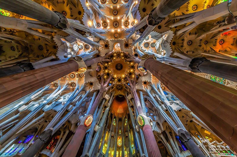 Ornate ceiling in La Sagrada Familia in Barcelona