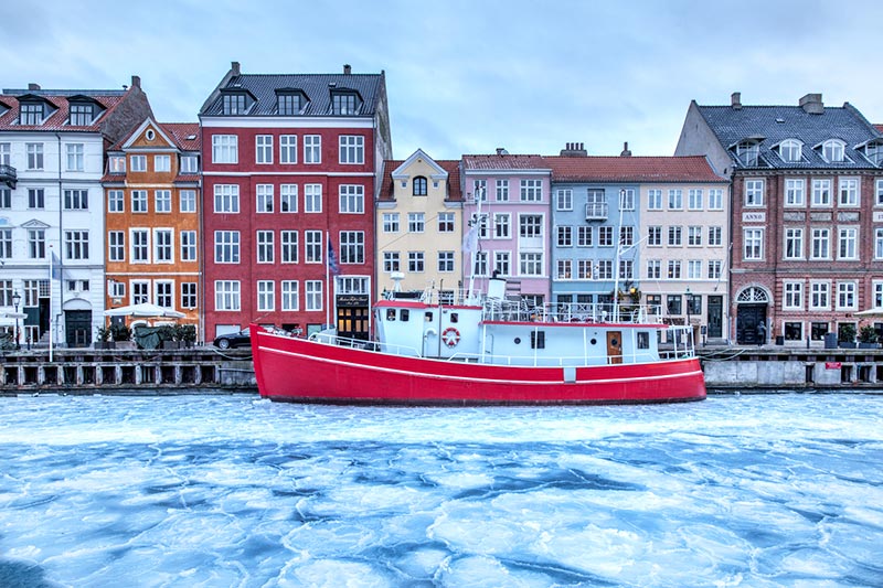 Snowy Nyhavn Canal in Copenhagen in January